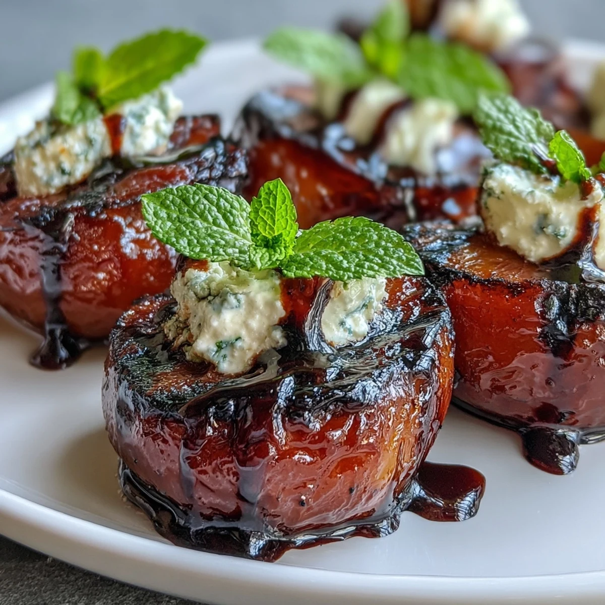 Caramelized grilled plums with balsamic drizzle and goat cheese, served as a light dessert.