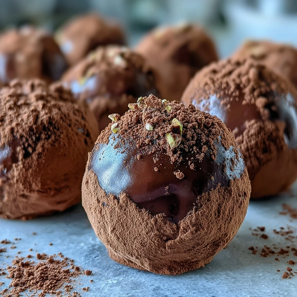 Freshly rolled chocolate truffles dusted with cocoa powder, stacked on a parchment-lined tray ready to chill.