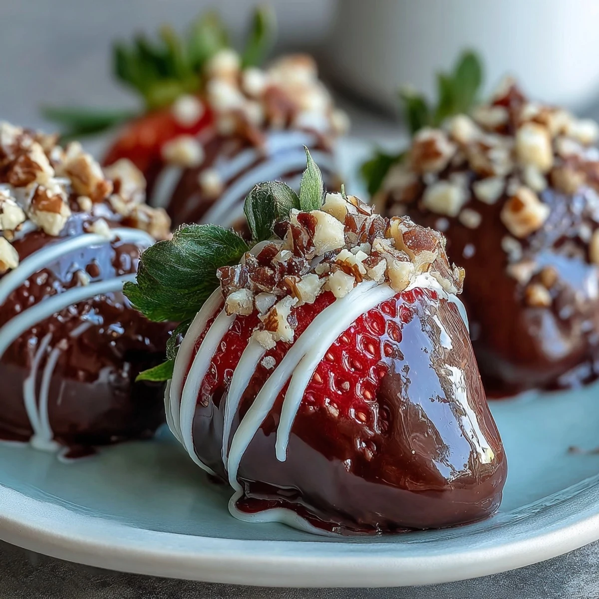 Chocolate-Covered Strawberries with glossy dark chocolate and drizzled white chocolate on a marble surface.
