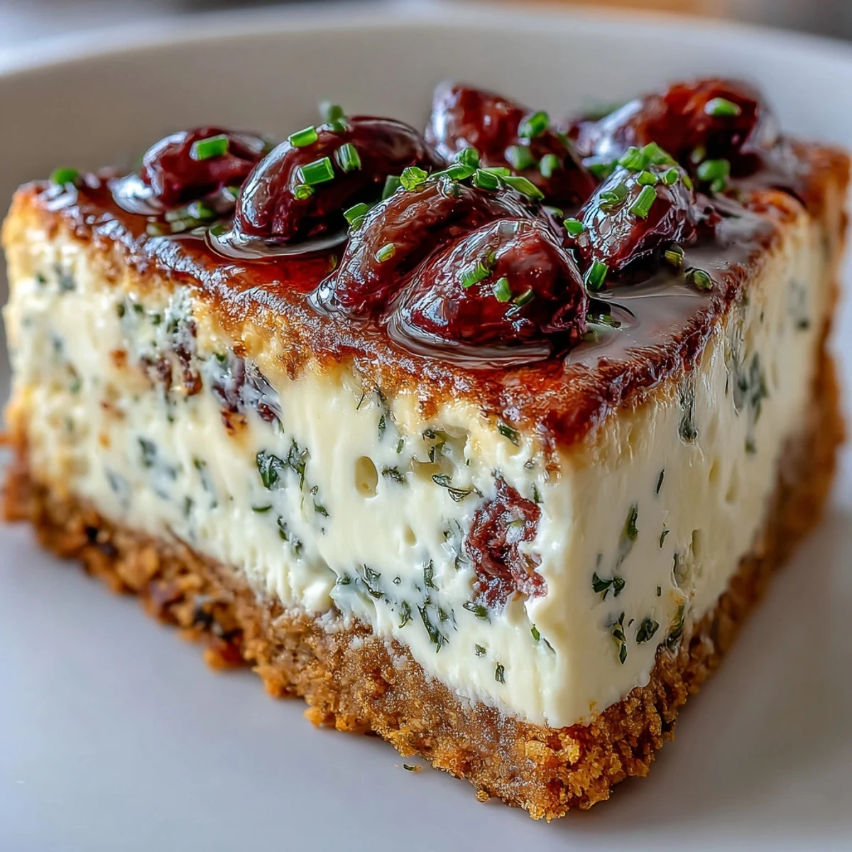 Golden Kalamata Cheesecake Appetizer sliced into small wedges, served with crisp crackers and crostini on a rustic wooden board.