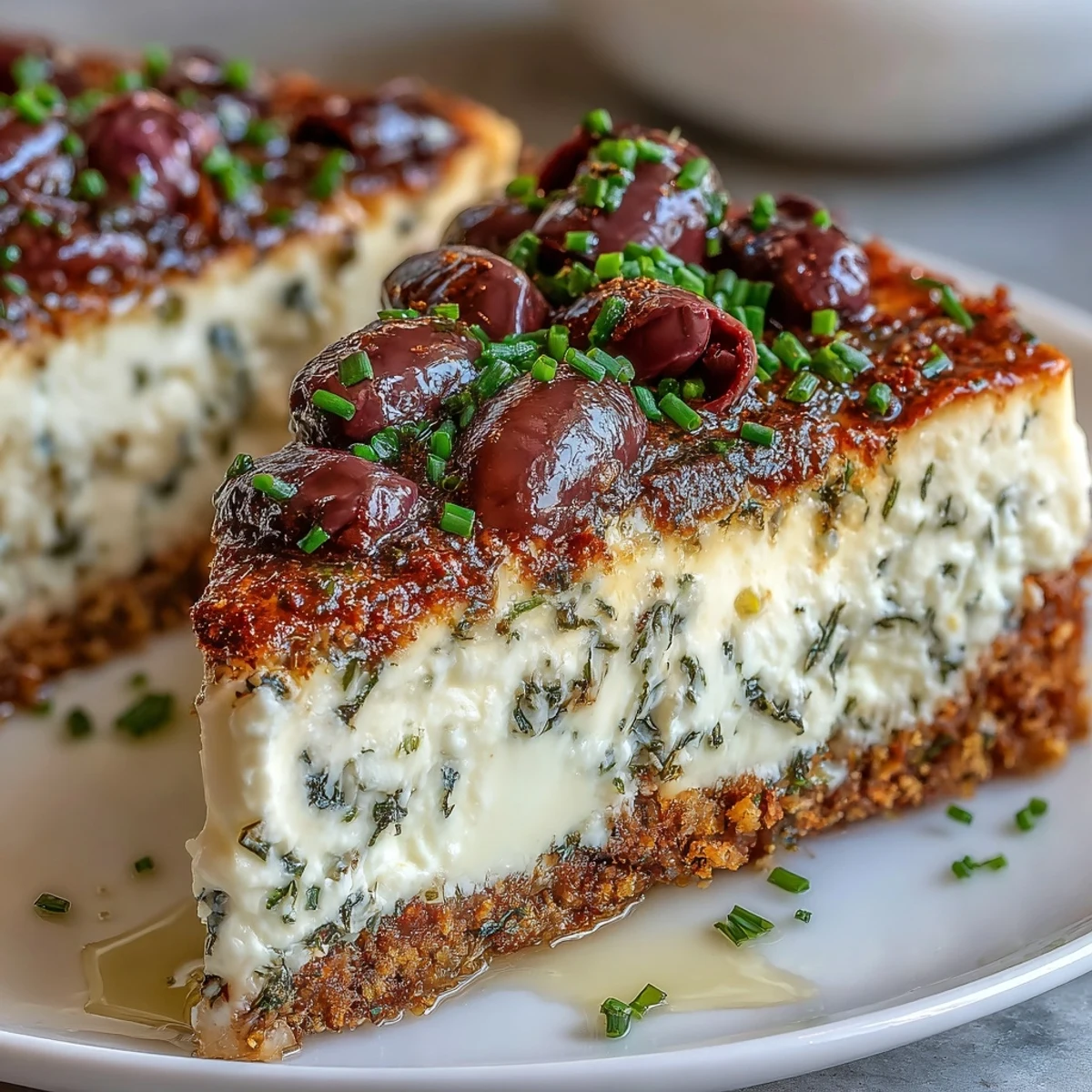 Herbed Kalamata Cheesecake Appetizer cooling on a wire rack, featuring a creamy, tangy filling with visible chunks of Kalamata olives.