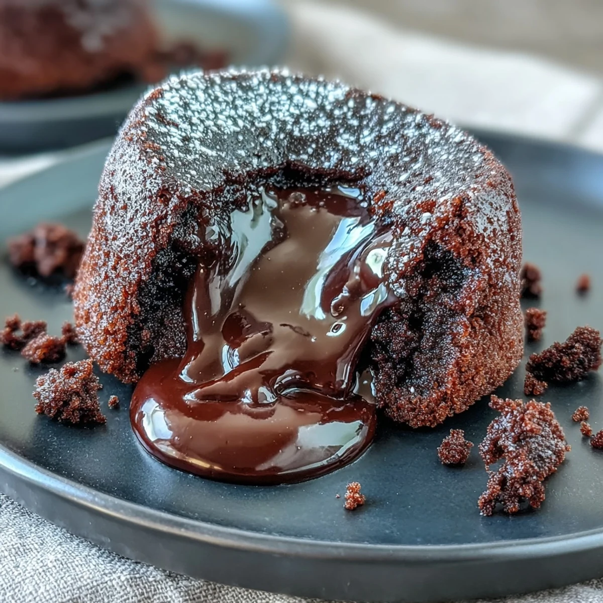 Freshly baked Chocolate Lava Cakes with Espresso reveal gooey centers on plates, dusted with cocoa powder and ready to enjoy.