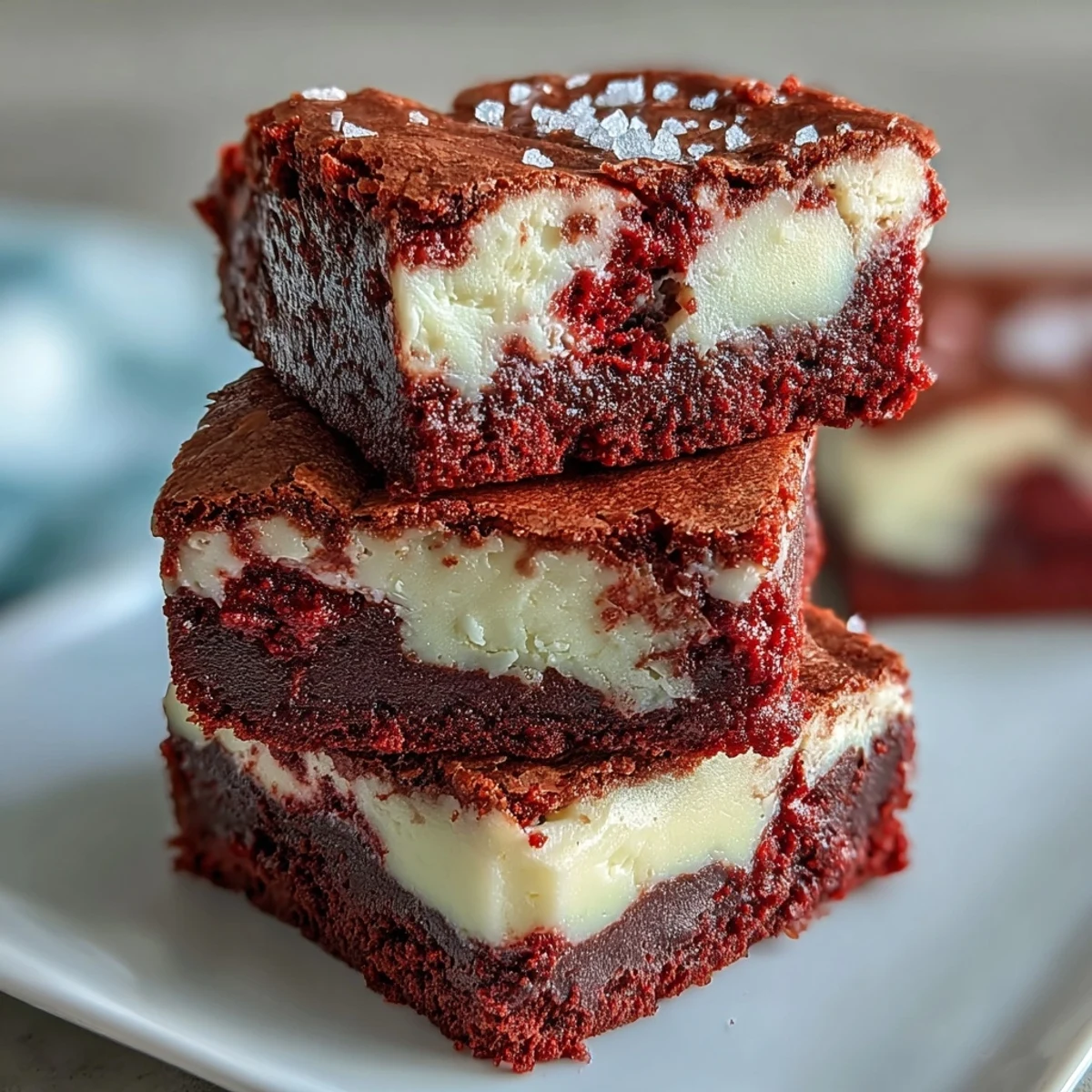 Freshly baked Red Velvet Cheesecake Brownies showcasing vibrant red swirls and a creamy filling.