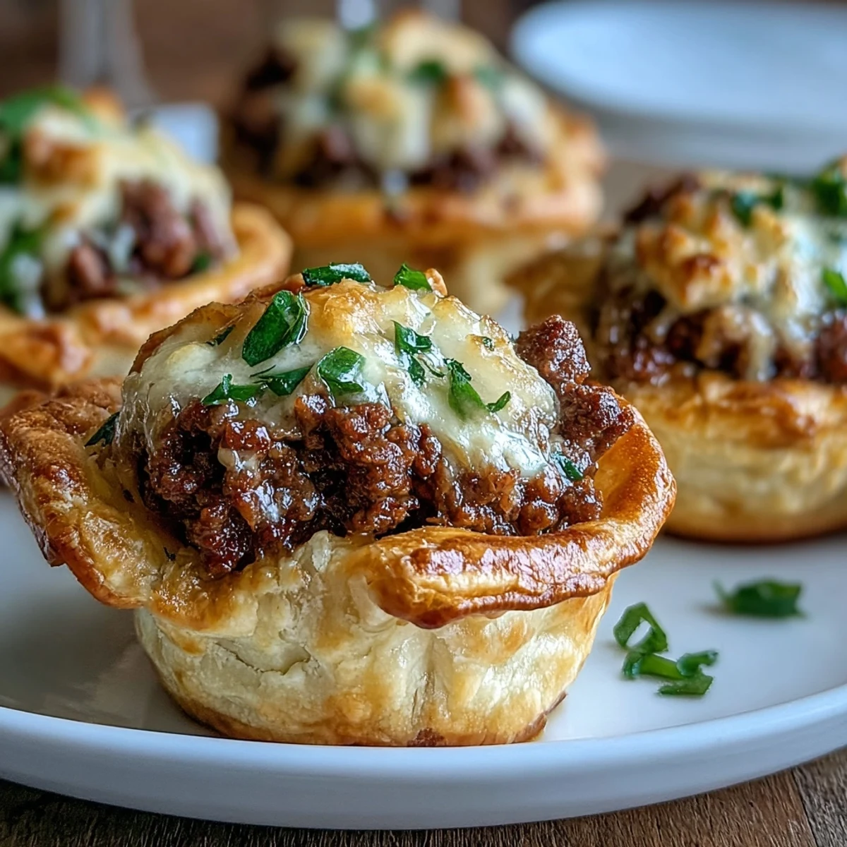 Golden, flaky Mini Beef Tourtières with a visible spiced beef filling, served warm on a wooden board.