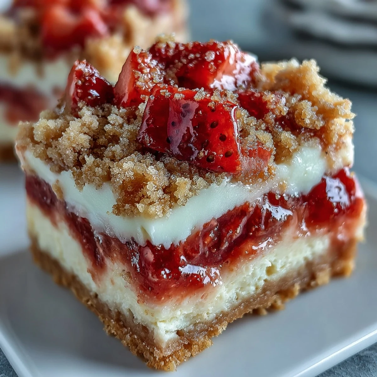 Sliced Strawberry Cheesecake Bars on a white plate with a dollop of whipped cream