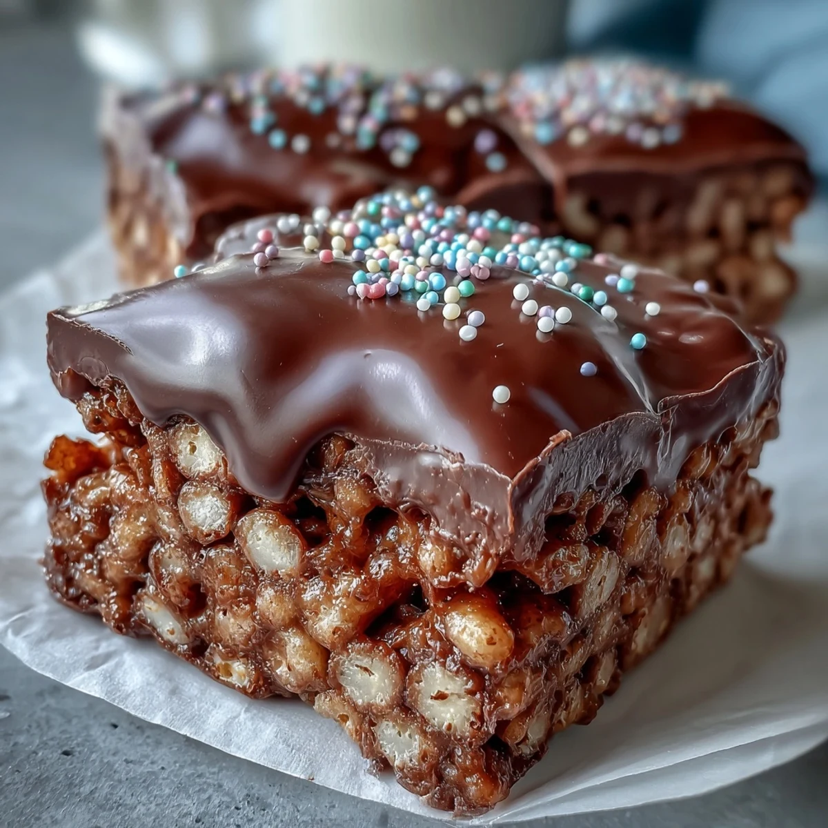 Chocolate Covered Rice Krispy Treats are glossy, chocolate-coated squares topped with rainbow sprinkles, resting on a marble countertop.