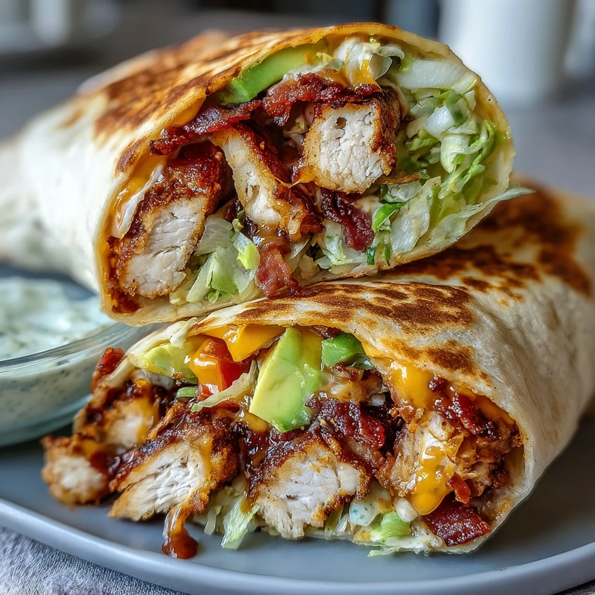 Golden-brown Crispy Chicken Bacon Wrap sliced in half on a plate, revealing layers of shredded cheddar, lettuce, and creamy avocado.