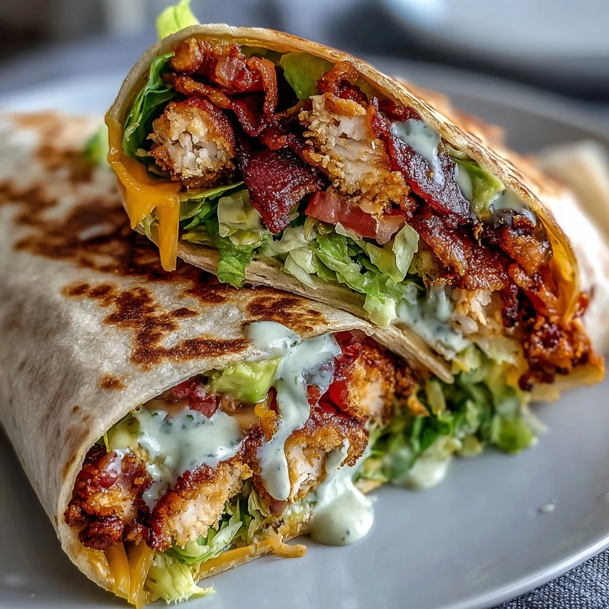 Freshly cooked Crispy Chicken Bacon Wrap resting on a wooden board, showcasing its toasted tortilla and juicy chicken inside.