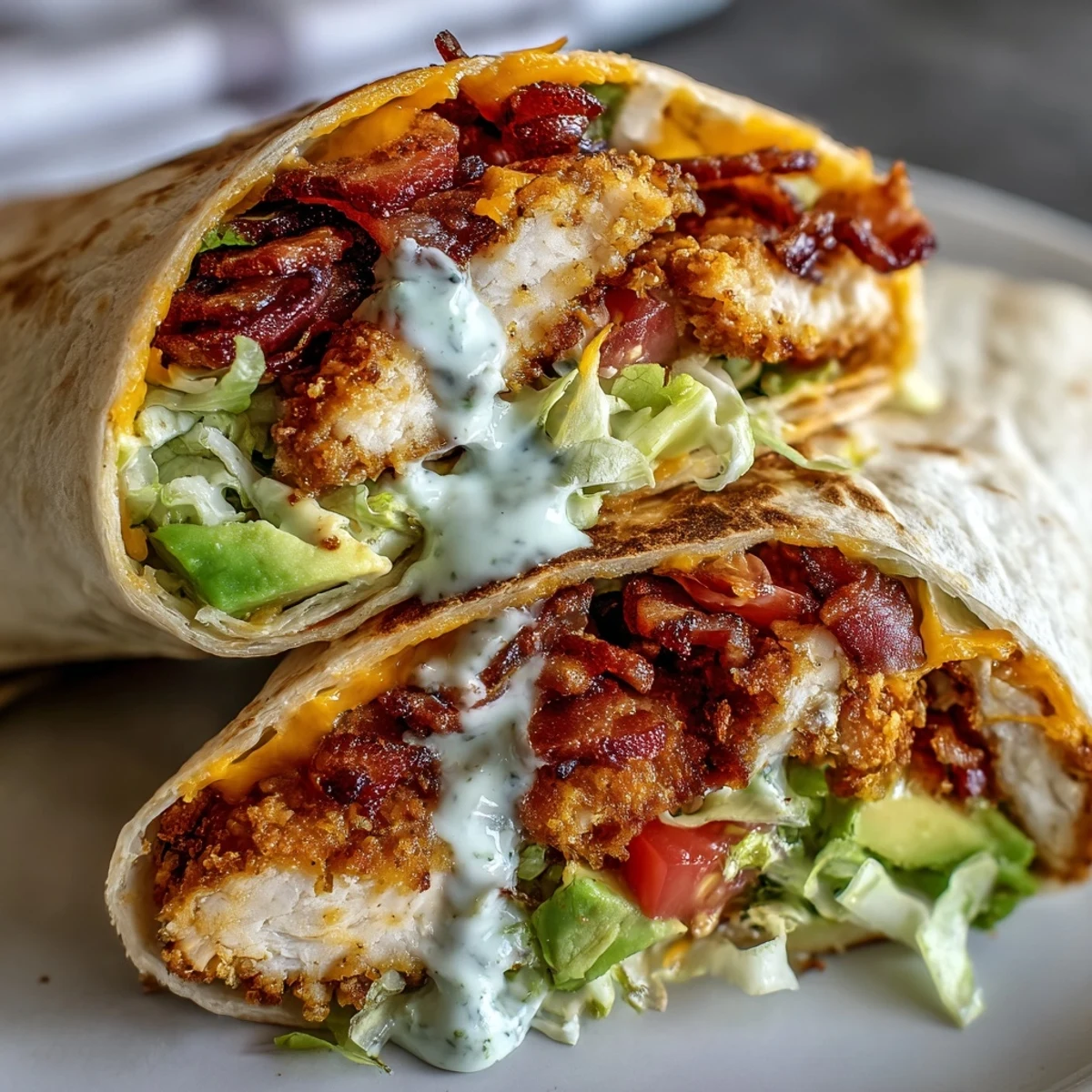Warm Crispy Chicken Bacon Wrap held in hand, dripping with tangy mayo sauce and stuffed with crispy bacon strips.
