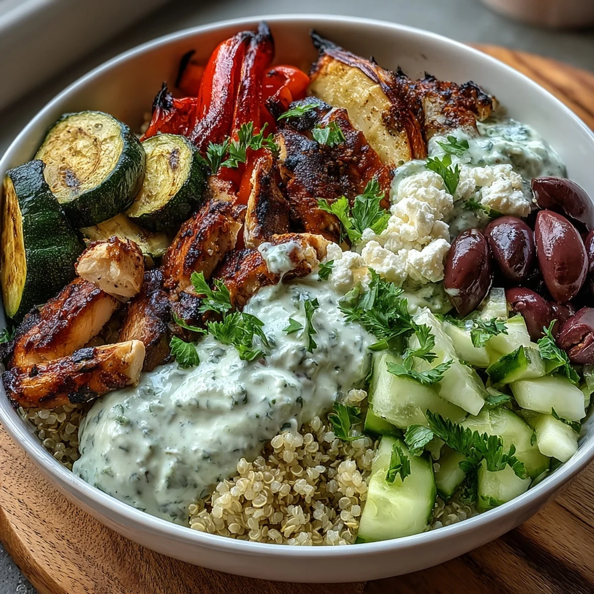 Healthy Grilled Mediterranean Bowl with charred vegetables, grilled chicken or halloumi, quinoa, and feta, drizzled with creamy tzatziki sauce.