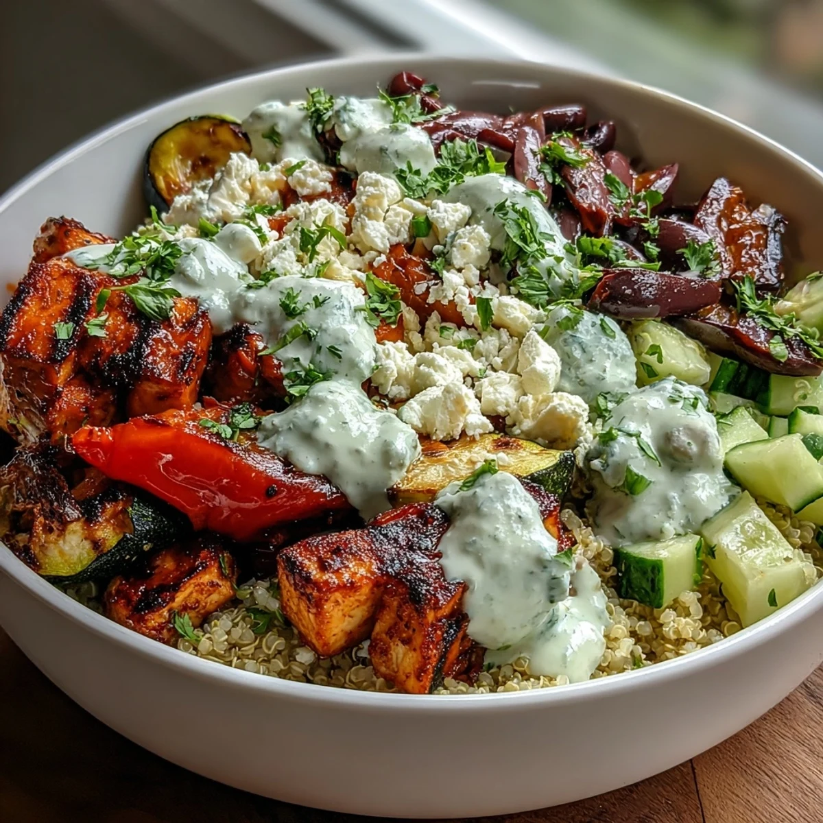 Tender grilled chicken or halloumi, smoky zucchini, peppers, and eggplant over fluffy quinoa in a Healthy Grilled Mediterranean Bowl with olives.