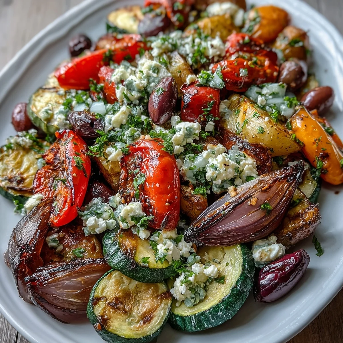 A colorful platter of Roasted Mediterranean Greek Vegetables topped with crumbled feta, olives, and fresh parsley.