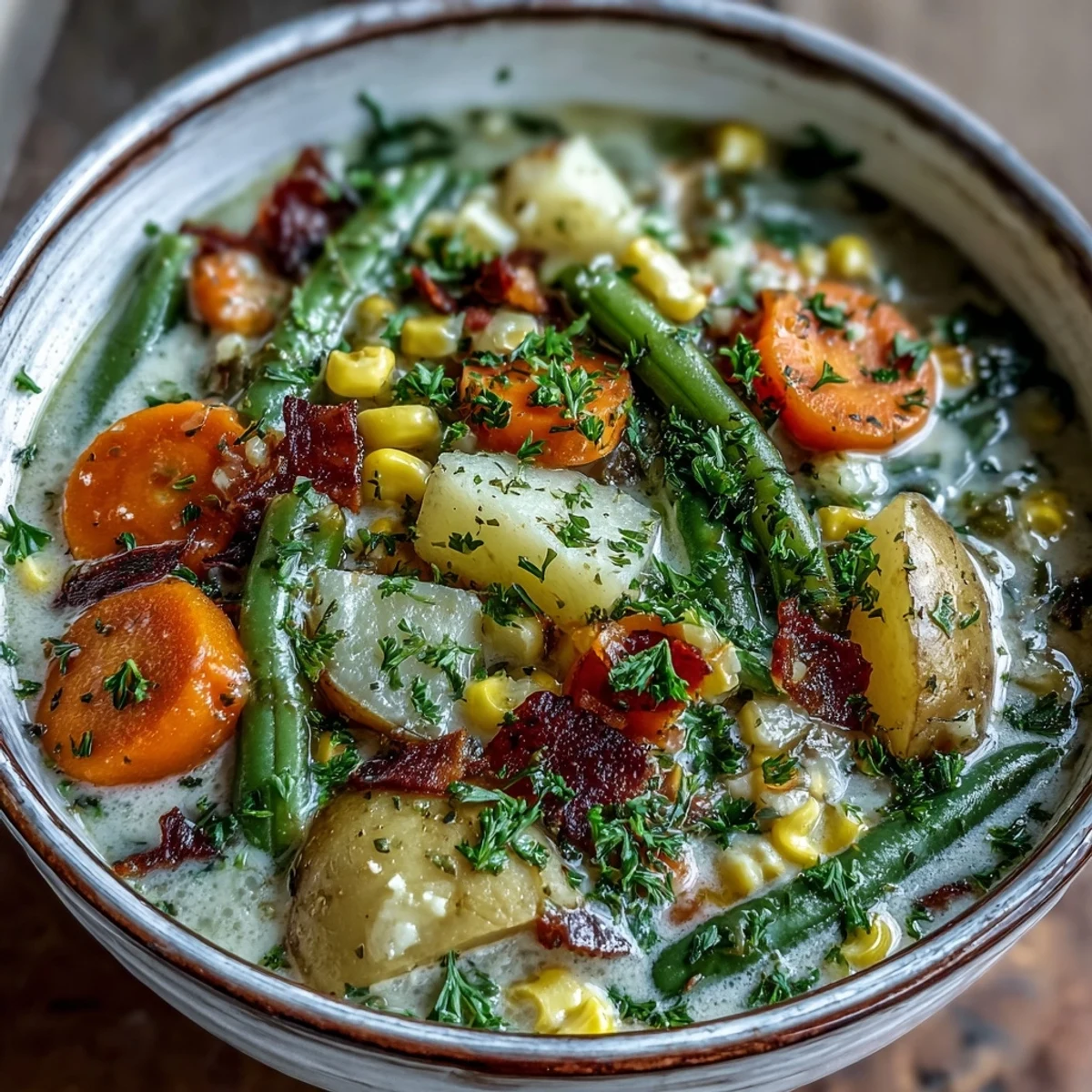 Creamy Amish Snow Day Soup served hot in a rustic bowl, perfect for cold weather comfort.