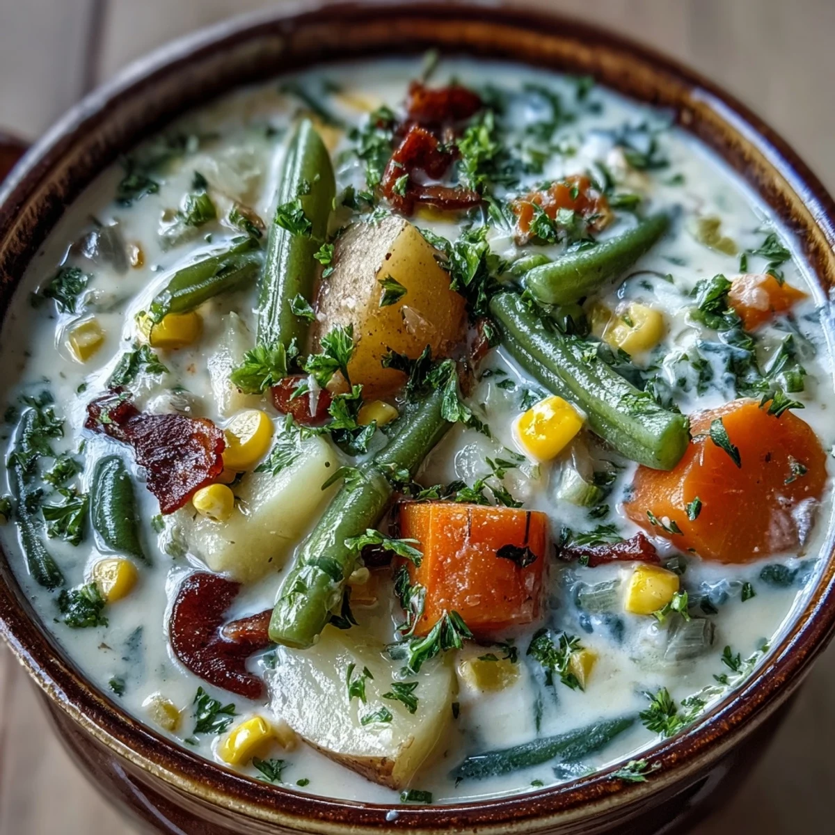 Steaming pot of Amish Snow Day Soup featuring hearty carrots, potatoes, and corn in a rich broth.