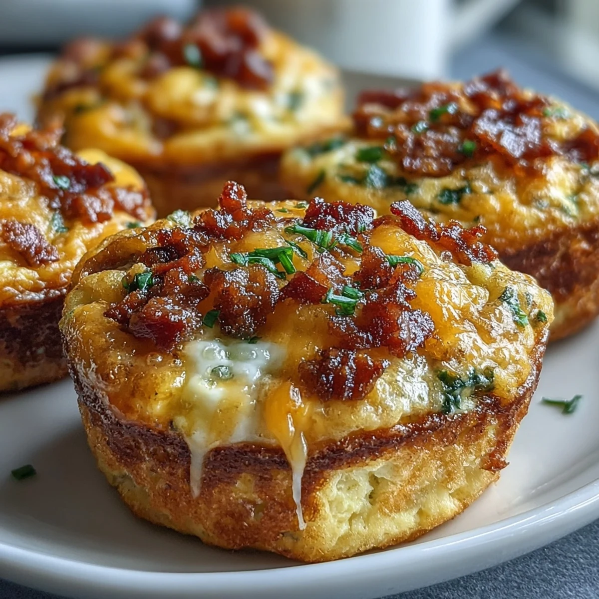 Golden-brown Breakfast Egg Muffins with melted cheddar cheese and crispy bacon bits, resting on a white plate, ready to serve.