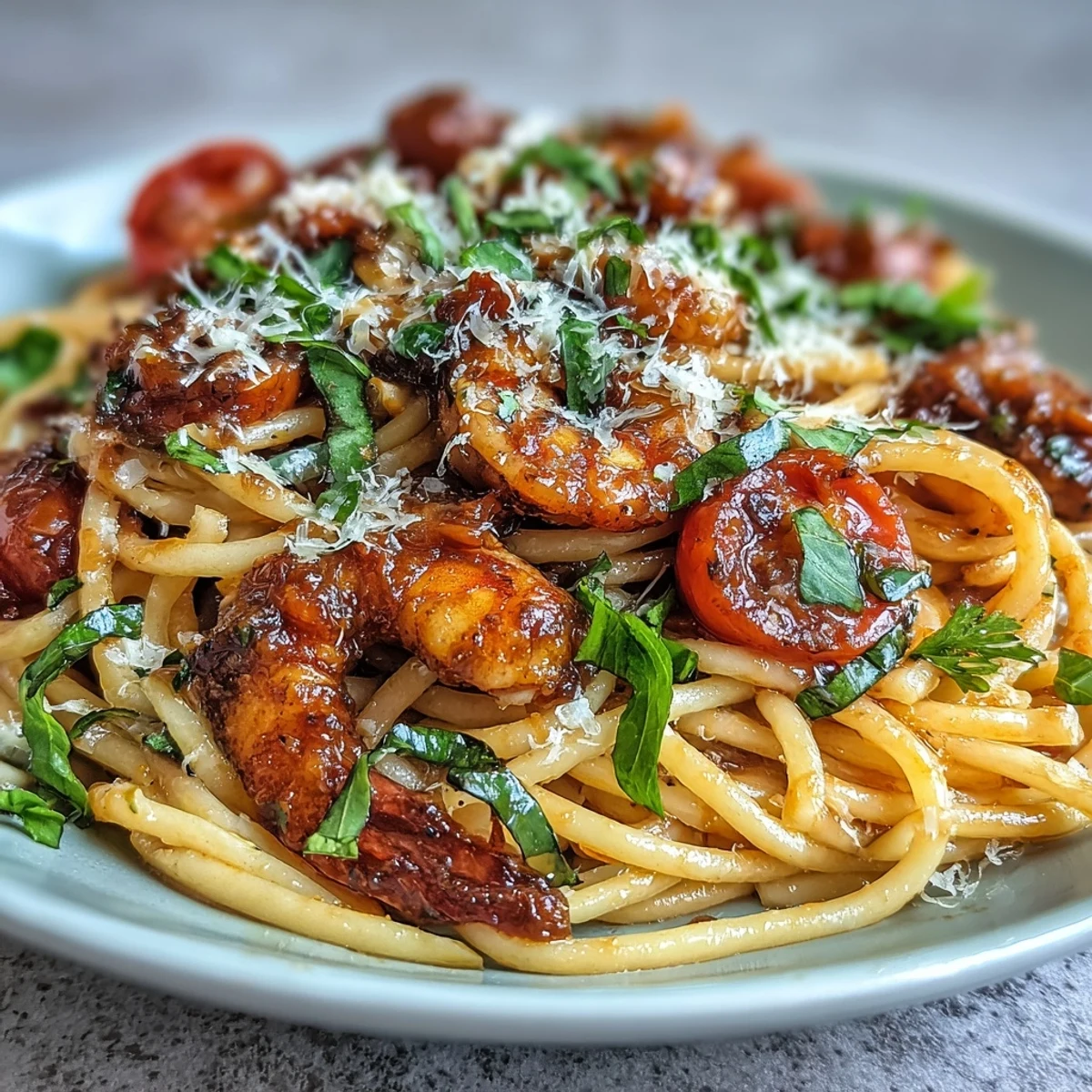 A close-up of vibrant Italian Drunken Noodles, showcasing plump shrimp, garlic, and onions sautéed in a bold red wine sauce, finished with fresh herbs and cheese.