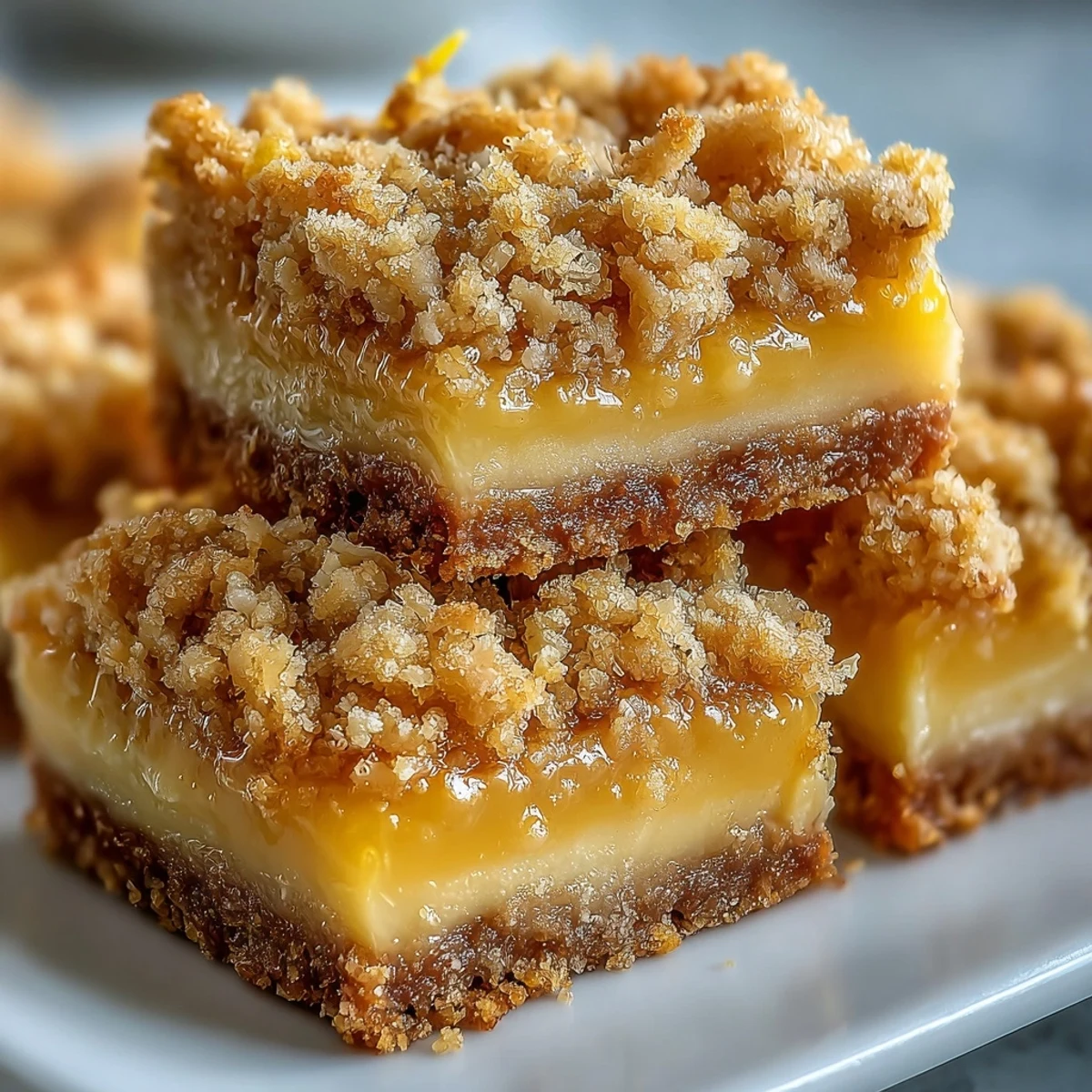Close-up of Homemade Lemon Crumb Bars showcasing the tender, gooey lemon layer and buttery crumble texture.