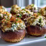 Freshly prepared Stuffed Asiago-Basil Mushrooms showcase golden, crunchy breadcrumb toppings and vibrant basil flecks on appetizer platters, ready for festive party gatherings.