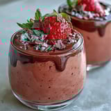 A close-up view of Chocolate-Covered Strawberry Mousse in a glass, topped with shaved chocolate curls and a mint leaf.
