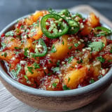 Closeup of fresh peach jalapeño salsa, showcasing diced fruit and bright cilantro.