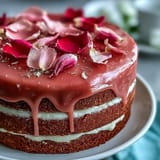 Moist pink velvet cake with rosé wine, adorned with a glamorous gold drip.