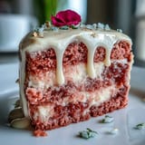 Moist pink velvet cake with rosé wine, accented by a sparkling gold drip.