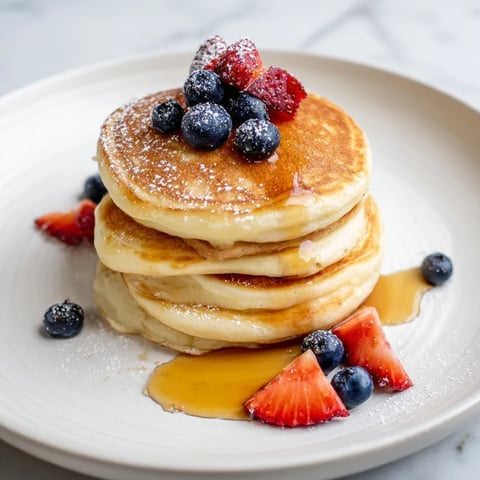 Golden, fluffy ricotta pancakes stacked high, ready to be drizzled with sweet maple syrup.