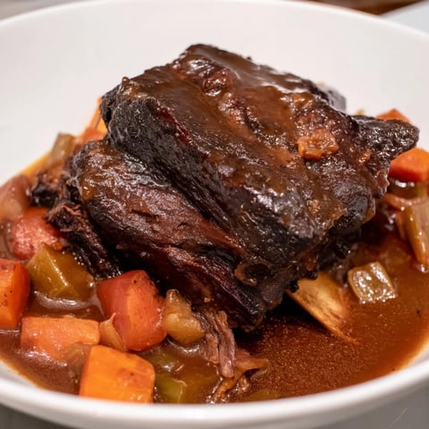Tender One-Pot Amber-Glowed Beer-Braised Short Ribs served atop a bed of hearty, braised root vegetables.
