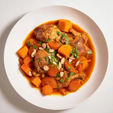 Soft Spice Slow-Cooker Chicken and Sweet Potato Tagine with tender chicken, sweet potato chunks and warming spices.