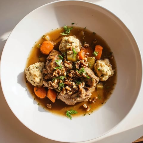 Nut-Warm Homestyle Chicken and Dumplings showcasing fluffy dumplings floating in a rich, savory broth.