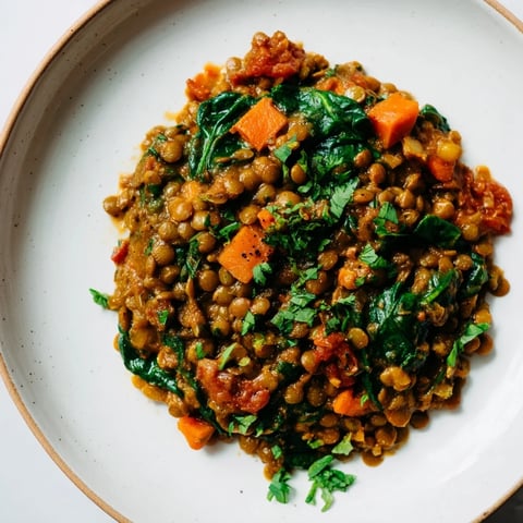 Steaming bowl of Lentil and Spinach Curry, garnished with fresh cilantro, ready to serve and enjoy.