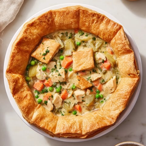 Golden flaky crust covers a savory Laurel & Herb Chicken Pot Pie filled with tender chicken and vegetables.