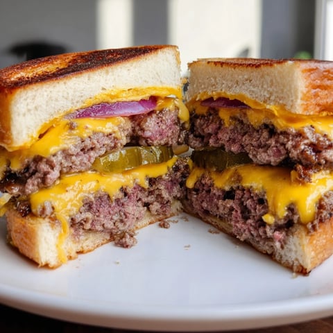 Close-up of a golden, melty Smashed Burger Grilled Cheese, oozing with savory, melted cheese.
