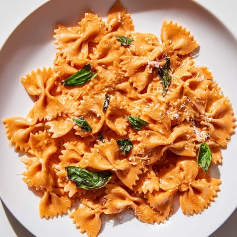 Creamy tomato basil bowtie pasta glistens in a shallow bowl, garnished with fresh basil leaves and grated Parmesan.  