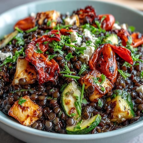 Steamed black lentils and caramelized roasted vegetables tossed in a bright lemon dressing for a hearty salad.