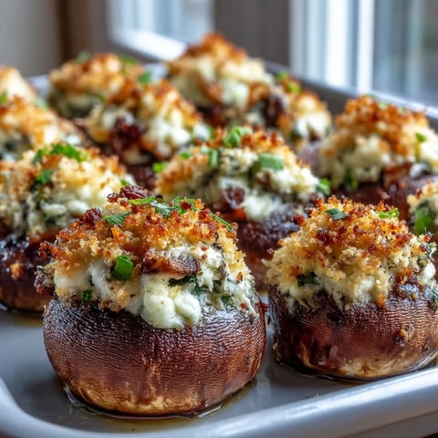 Golden-baked Stuffed Asiago-Basil Mushrooms feature bubbly, melted cheese and fresh green herbs on tender mushroom caps, served warm on a rustic platter.
