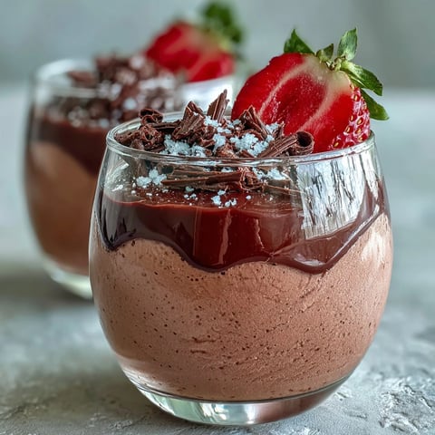 Freshly whipped Chocolate-Covered Strawberry Mousse layered with dark chocolate ganache and garnished with a juicy strawberry half.