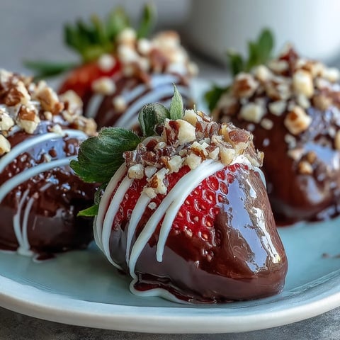 Chocolate-Covered Strawberries with glossy dark chocolate and drizzled white chocolate on a marble surface.
