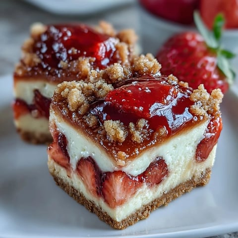 Gooey Strawberry Cheesecake Bars with a golden cinnamon streusel topping and fresh berry chunks