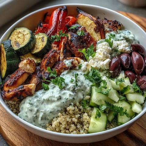 Healthy Grilled Mediterranean Bowl with charred vegetables, grilled chicken or halloumi, quinoa, and feta, drizzled with creamy tzatziki sauce.