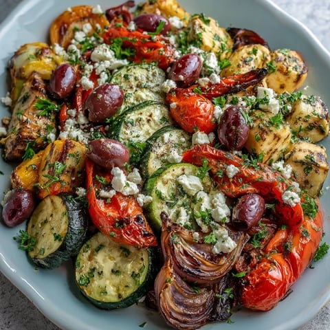 Roasted Mediterranean Greek Vegetables sizzling with caramelized eggplant, zucchini, and peppers on a baking sheet.