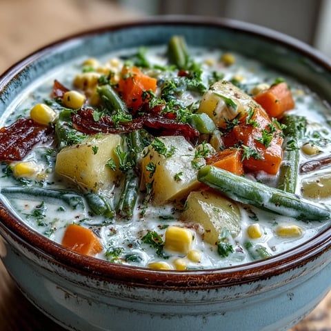 A bowl of Amish Snow Day Soup with creamy broth, tender vegetables, and fresh parsley garnish.