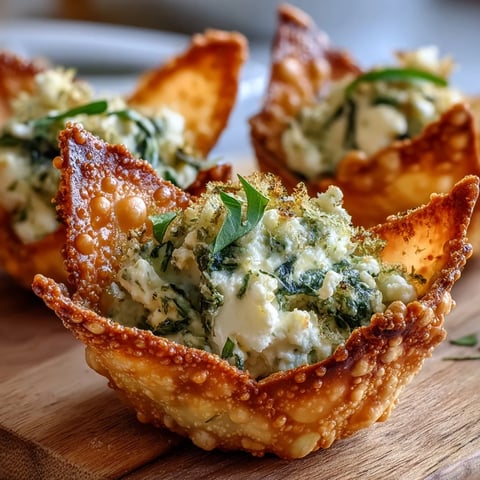 Golden baked wonton cups filled with creamy feta, wilted spinach, and lemon zest—perfect Mediterranean Spinach and Feta Cheese Crisps.