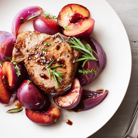 A close-up shot of tender Plum-Soft Pork Chops, showing juicy plums and rich balsamic sauce.