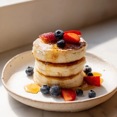 A stack of light and airy ricotta pancakes, perfect for enjoying a cozy weekend brunch.