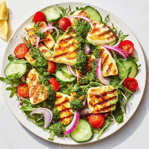 Bright image showcases the grilled halloumi resting on vibrant vegetables, finished with pesto.