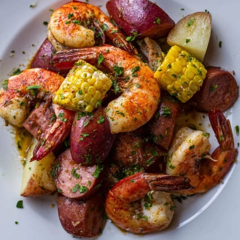 Steaming hot, finished Seaside-Inspired Shrimp Boil, with plump shrimp and golden corn, ready to serve!