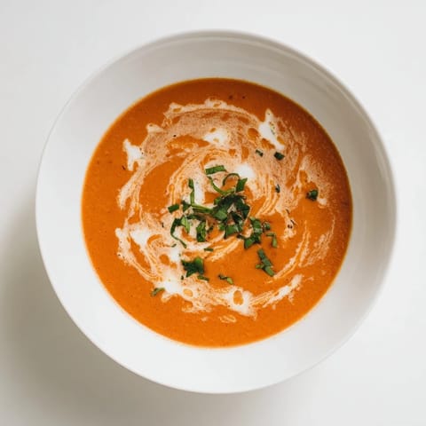 A steaming bowl of Whisked Weeknight Tomato and Basil Soup, ready to be enjoyed with crusty bread.