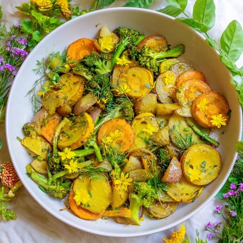 Tender, roasted Light Herb & Fern-Inspired Vegetable Platter featuring seasonal vegetables with bright colors and aromas.