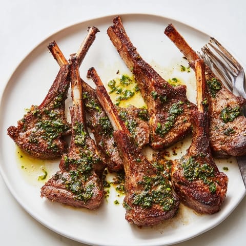 Savory rustic mint sauce drizzled over perfectly cooked lamb chops, ready for a delicious weeknight meal.